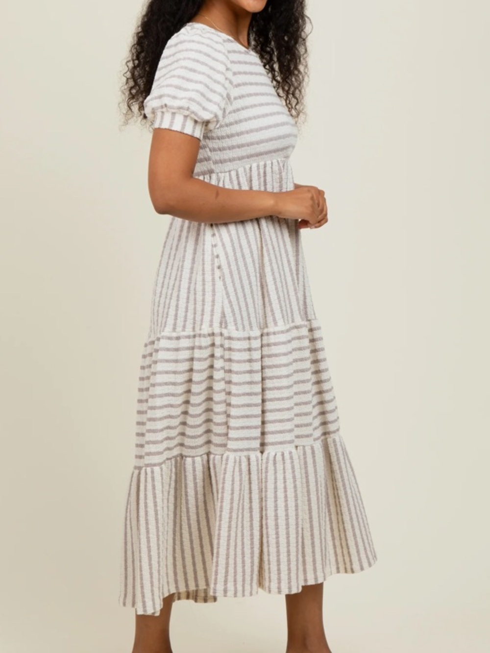 Cream and Taupe Striped Short Sleeve Tiered Maxi Dress - Picture 2 of 5